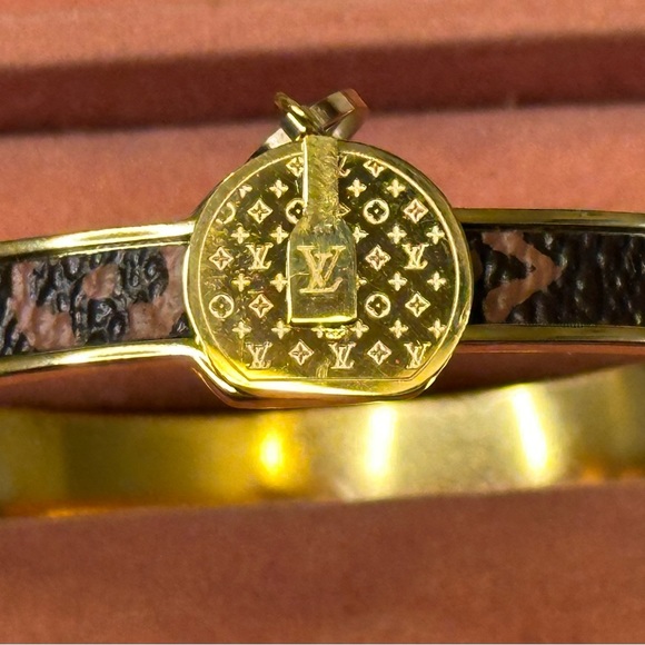 Black & Gold Tone Bangle Bracelet with Leather Inlay - Picture 2 of 7